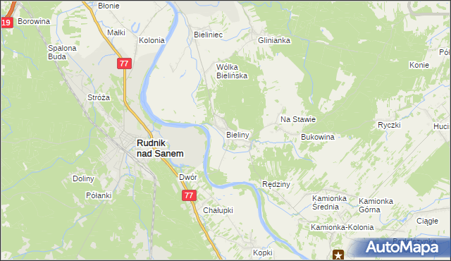 mapa Bieliny gmina Ulanów, Bieliny gmina Ulanów na mapie Targeo