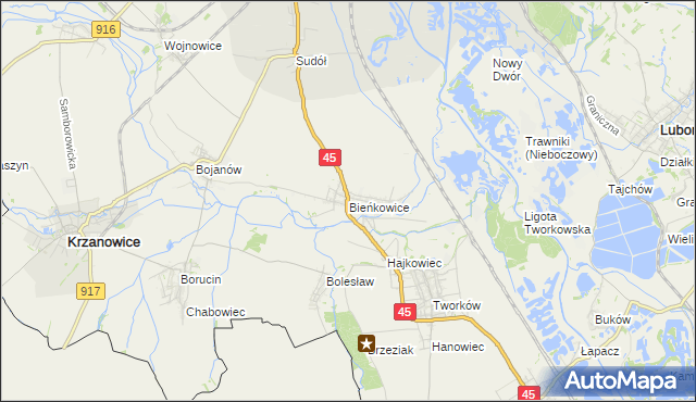mapa Bieńkowice gmina Krzyżanowice, Bieńkowice gmina Krzyżanowice na mapie Targeo