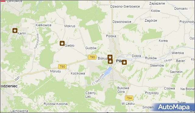 mapa Biskupice gmina Pilica, Biskupice gmina Pilica na mapie Targeo