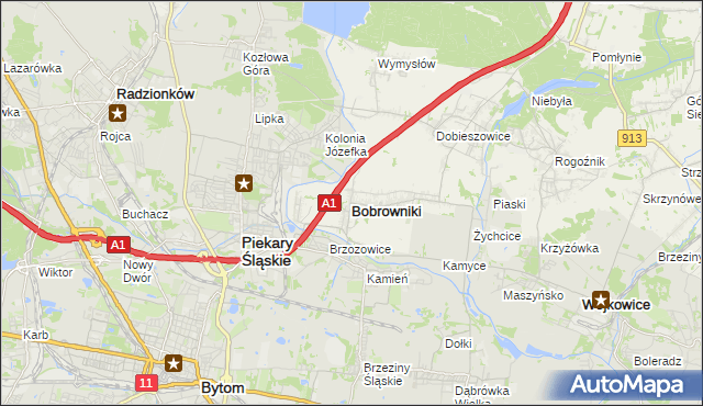mapa Bobrowniki powiat będziński, Bobrowniki powiat będziński na mapie Targeo