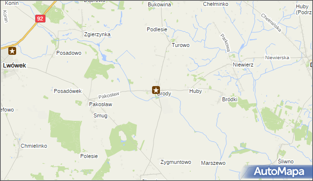 mapa Brody gmina Lwówek, Brody gmina Lwówek na mapie Targeo