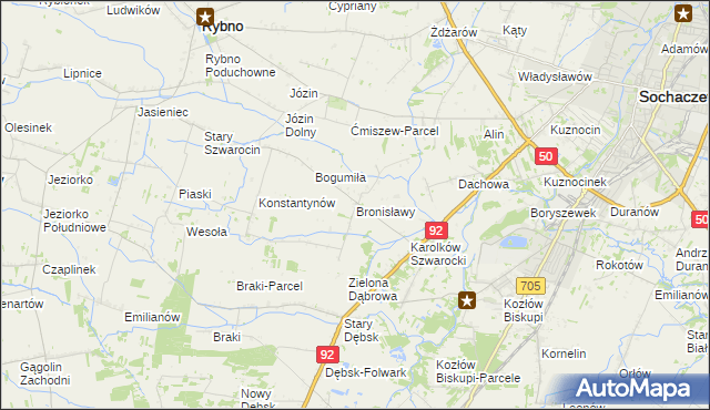 mapa Bronisławy gmina Rybno, Bronisławy gmina Rybno na mapie Targeo