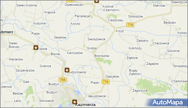 mapa Broniszów gmina Kazimierza Wielka, Broniszów gmina Kazimierza Wielka na mapie Targeo