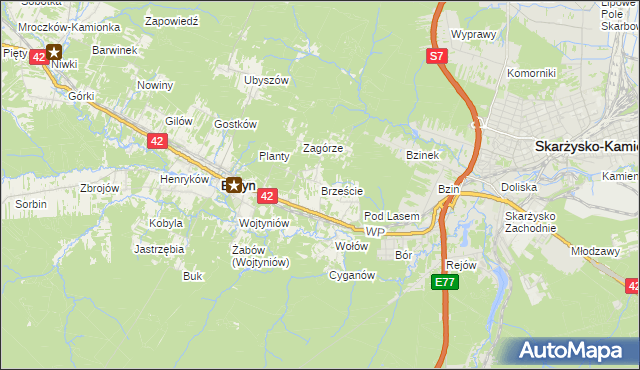 mapa Brzeście gmina Bliżyn, Brzeście gmina Bliżyn na mapie Targeo