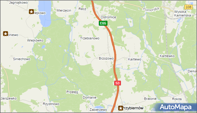 mapa Brzozowo gmina Przybiernów, Brzozowo gmina Przybiernów na mapie Targeo