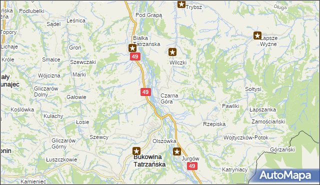 mapa Czarna Góra gmina Bukowina Tatrzańska, Czarna Góra gmina Bukowina Tatrzańska na mapie Targeo