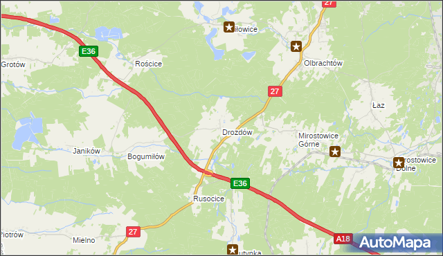 mapa Drozdów gmina Żary, Drozdów gmina Żary na mapie Targeo