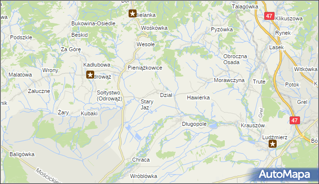 mapa Dział gmina Czarny Dunajec, Dział gmina Czarny Dunajec na mapie Targeo