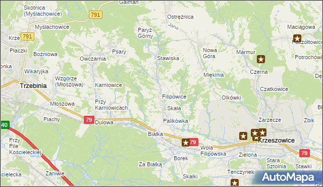 mapa Filipowice gmina Krzeszowice, Filipowice gmina Krzeszowice na mapie Targeo