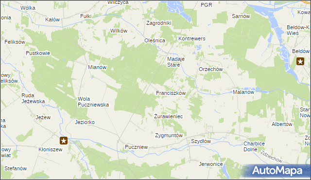 mapa Franciszków gmina Lutomiersk, Franciszków gmina Lutomiersk na mapie Targeo