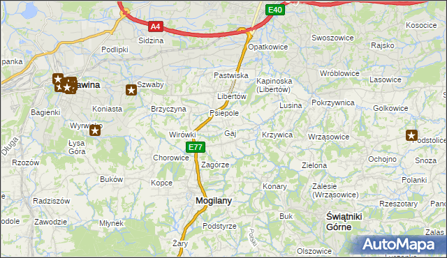 mapa Gaj gmina Mogilany, Gaj gmina Mogilany na mapie Targeo