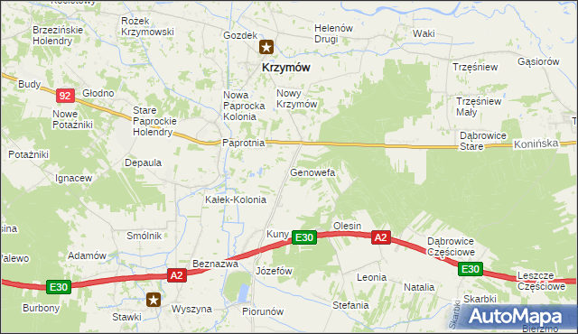 mapa Genowefa gmina Krzymów, Genowefa gmina Krzymów na mapie Targeo