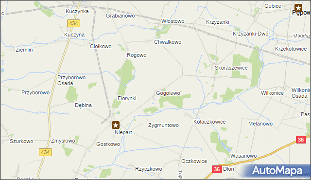 mapa Gogolewo gmina Krobia, Gogolewo gmina Krobia na mapie Targeo