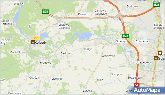 mapa Goszyn gmina Pruszcz Gdański, Goszyn gmina Pruszcz Gdański na mapie Targeo