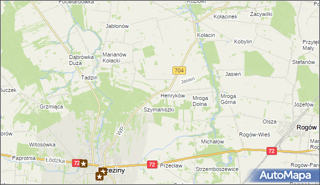 mapa Henryków gmina Brzeziny, Henryków gmina Brzeziny na mapie Targeo