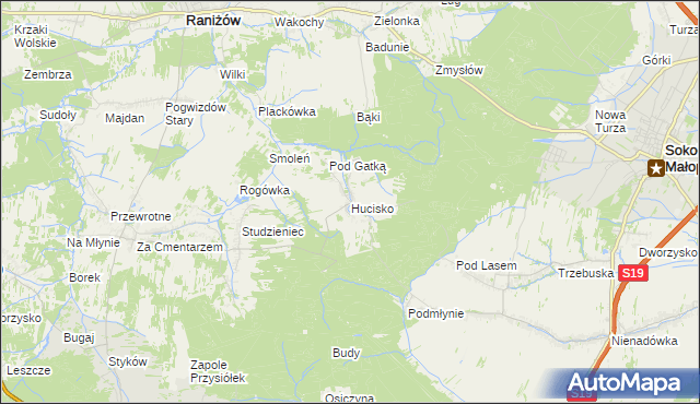 mapa Hucisko gmina Głogów Małopolski, Hucisko gmina Głogów Małopolski na mapie Targeo