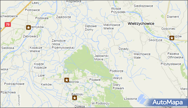 mapa Jadowniki Mokre gmina Wietrzychowice, Jadowniki Mokre gmina Wietrzychowice na mapie Targeo