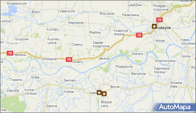 mapa Jaksice gmina Koszyce, Jaksice gmina Koszyce na mapie Targeo