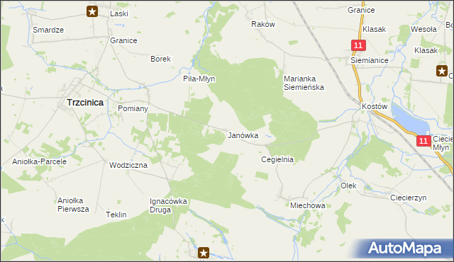 mapa Janówka gmina Byczyna, Janówka gmina Byczyna na mapie Targeo