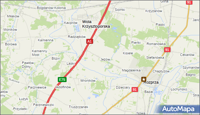 mapa Jeżów gmina Wola Krzysztoporska, Jeżów gmina Wola Krzysztoporska na mapie Targeo