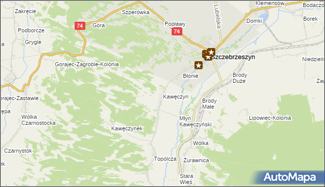 mapa Kawęczyn gmina Szczebrzeszyn, Kawęczyn gmina Szczebrzeszyn na mapie Targeo