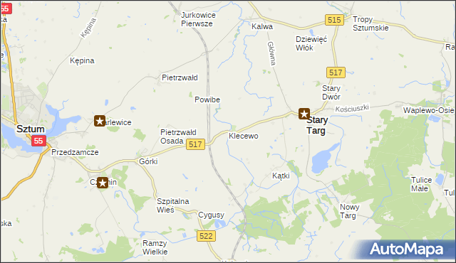 mapa Klecewo gmina Stary Targ, Klecewo gmina Stary Targ na mapie Targeo