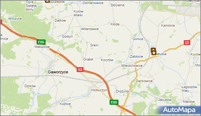 mapa Korytów gmina Gaworzyce, Korytów gmina Gaworzyce na mapie Targeo