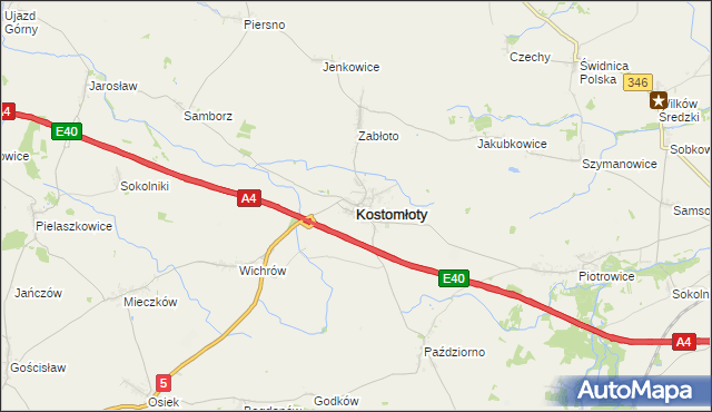 mapa Kostomłoty powiat średzki, Kostomłoty powiat średzki na mapie Targeo