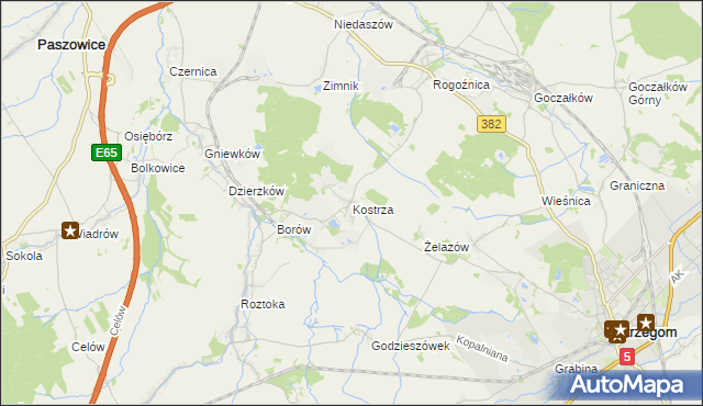 mapa Kostrza gmina Strzegom, Kostrza gmina Strzegom na mapie Targeo