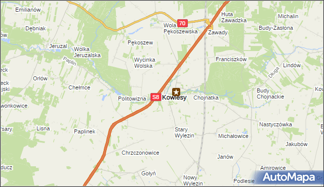 mapa Kowiesy powiat skierniewicki, Kowiesy powiat skierniewicki na mapie Targeo