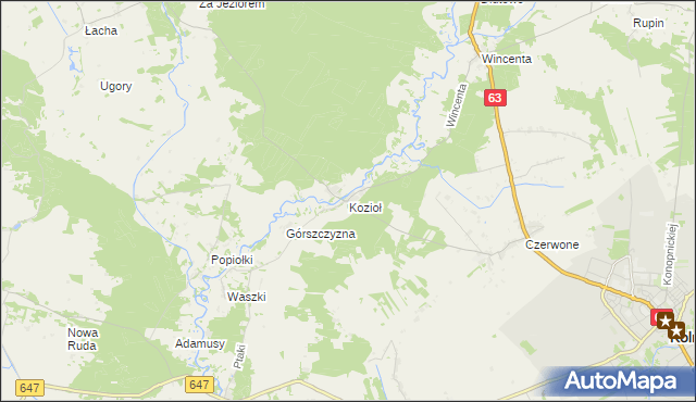 mapa Kozioł gmina Kolno, Kozioł gmina Kolno na mapie Targeo