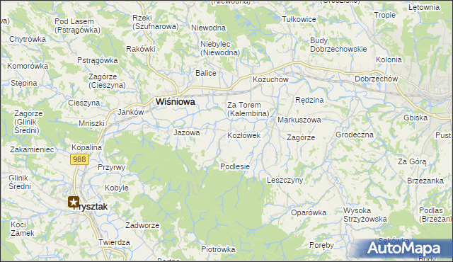 mapa Kozłówek gmina Wiśniowa, Kozłówek gmina Wiśniowa na mapie Targeo