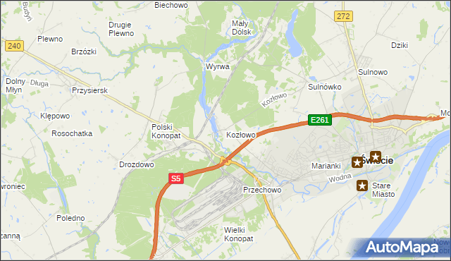 mapa Kozłowo gmina Świecie, Kozłowo gmina Świecie na mapie Targeo
