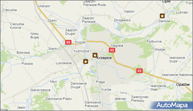 mapa Krzepice powiat kłobucki, Krzepice powiat kłobucki na mapie Targeo