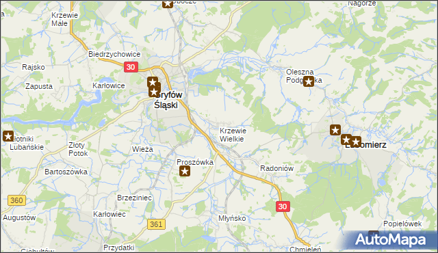 mapa Krzewie Wielkie, Krzewie Wielkie na mapie Targeo