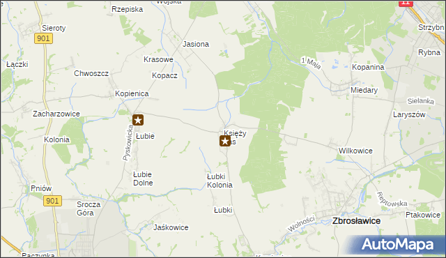 mapa Księży Las gmina Zbrosławice, Księży Las gmina Zbrosławice na mapie Targeo