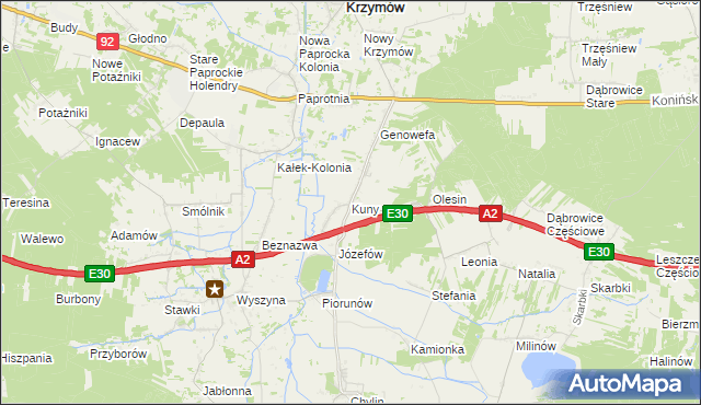 mapa Kuny gmina Władysławów, Kuny gmina Władysławów na mapie Targeo