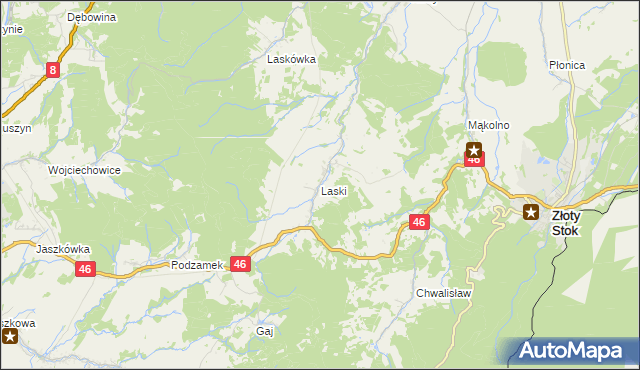 mapa Laski gmina Złoty Stok, Laski gmina Złoty Stok na mapie Targeo