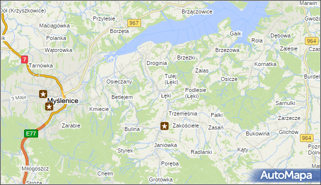 mapa Łęki gmina Myślenice, Łęki gmina Myślenice na mapie Targeo