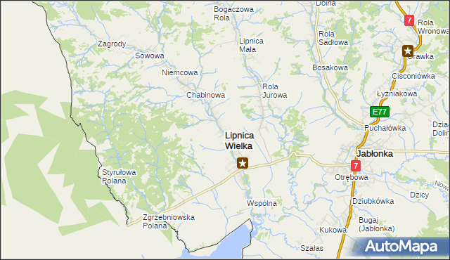 mapa Lipnica Wielka powiat nowotarski, Lipnica Wielka powiat nowotarski na mapie Targeo