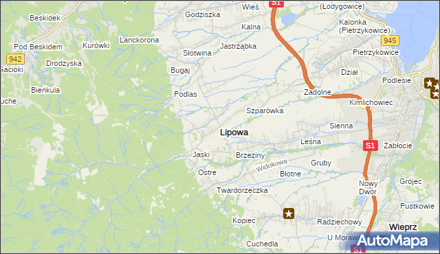 mapa Lipowa powiat żywiecki, Lipowa powiat żywiecki na mapie Targeo