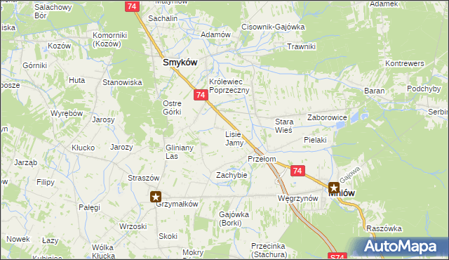 mapa Lisie Jamy gmina Mniów, Lisie Jamy gmina Mniów na mapie Targeo