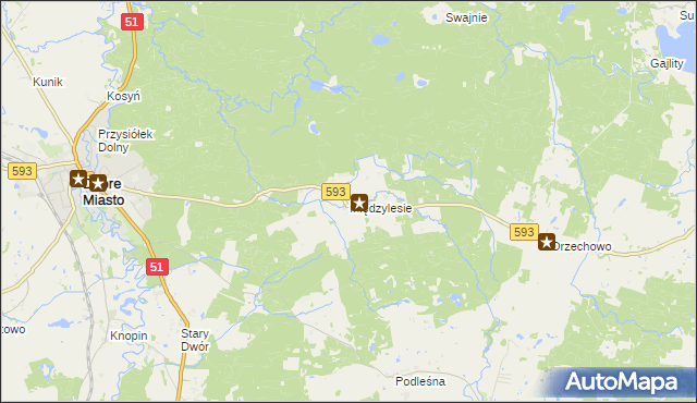 mapa Międzylesie gmina Dobre Miasto, Międzylesie gmina Dobre Miasto na mapie Targeo