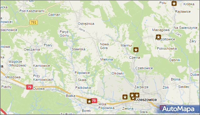 mapa Miękinia gmina Krzeszowice, Miękinia gmina Krzeszowice na mapie Targeo