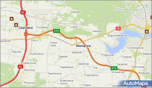 mapa Mierzęcice, Mierzęcice na mapie Targeo