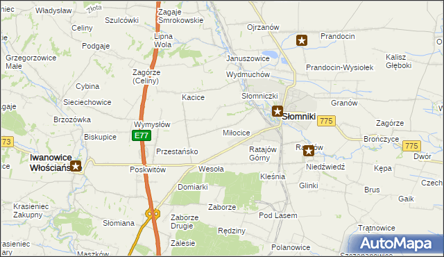mapa Miłocice gmina Słomniki, Miłocice gmina Słomniki na mapie Targeo