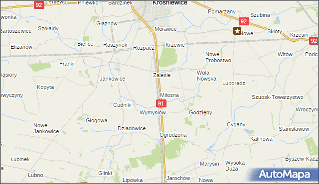 mapa Miłosna gmina Krośniewice, Miłosna gmina Krośniewice na mapie Targeo