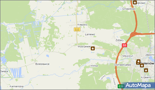 mapa Modrzewie gmina Goleniów, Modrzewie gmina Goleniów na mapie Targeo