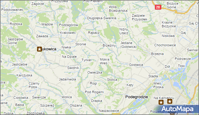 mapa Mokra Wieś gmina Podegrodzie, Mokra Wieś gmina Podegrodzie na mapie Targeo