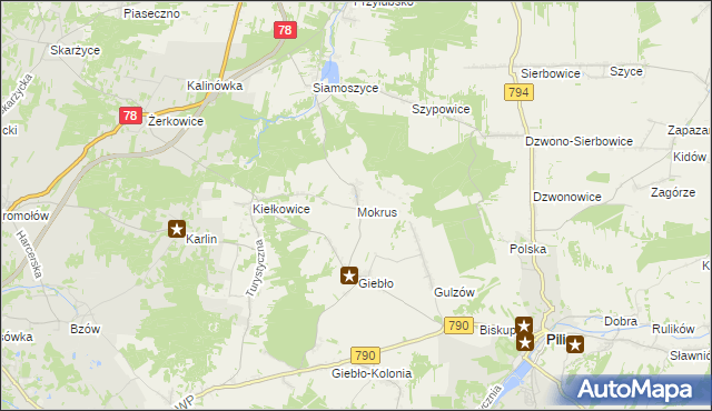 mapa Mokrus gmina Ogrodzieniec, Mokrus gmina Ogrodzieniec na mapie Targeo